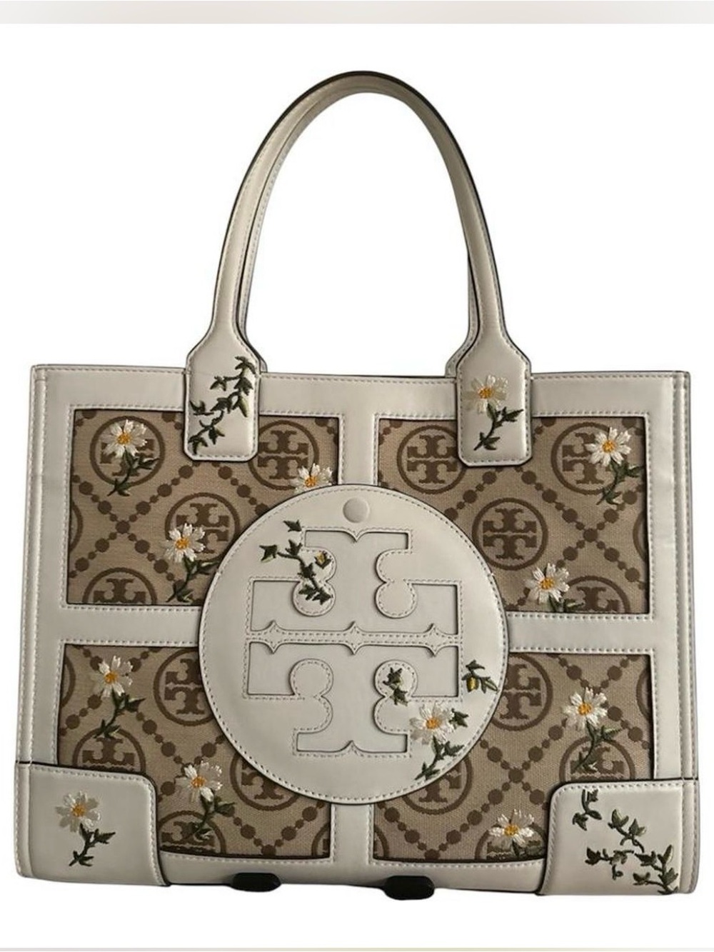 Tory Burch Beige & White Floral Logo Canvas Tote